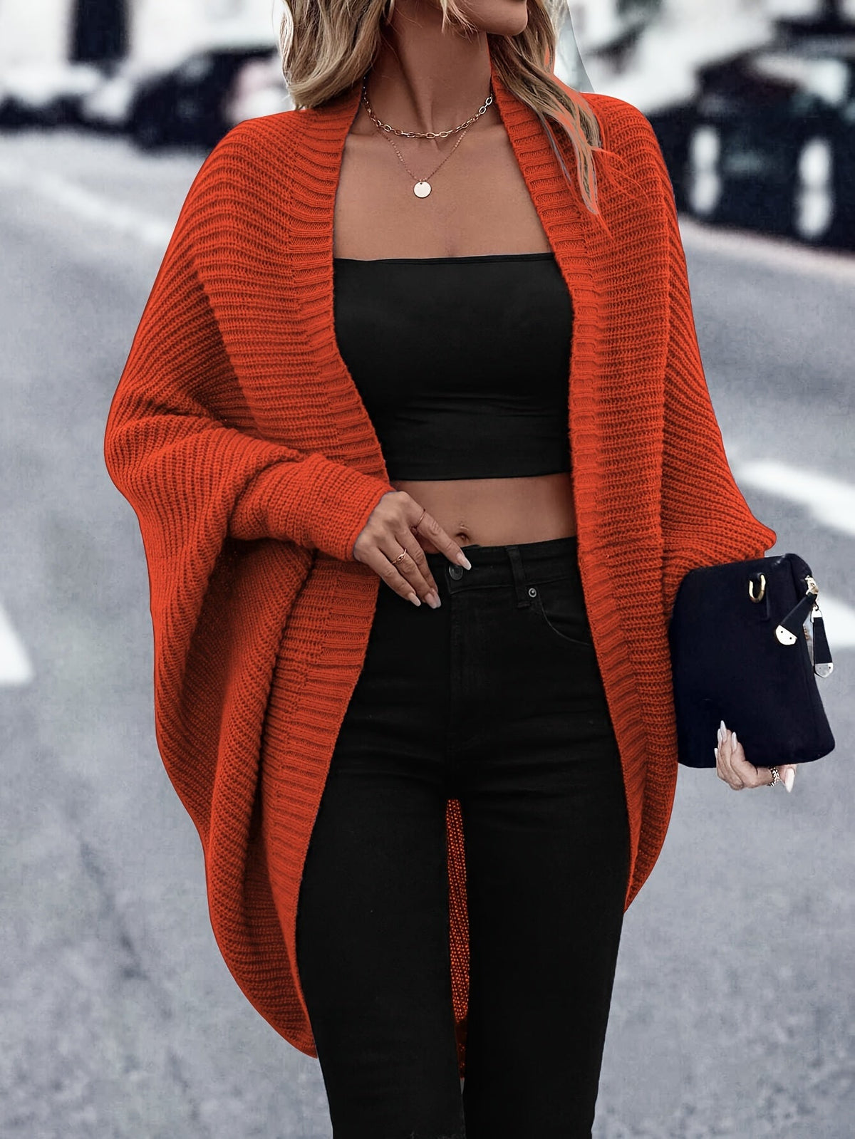 Gilet cardigan ample pour femme à manches chauve-souris, ouvert sur le devant