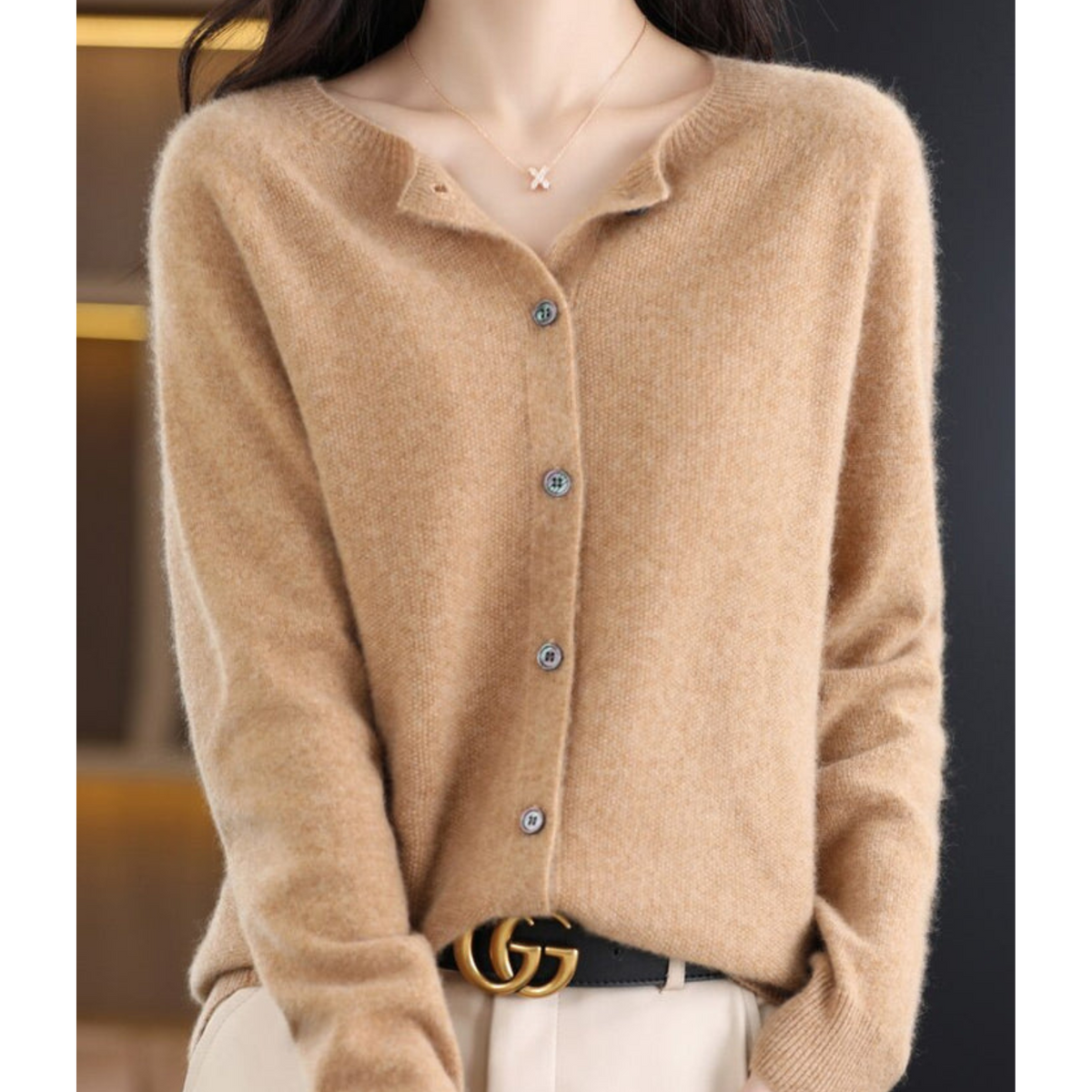 Women's long-sleeve round-neck button-front cardigan with ribbed trim