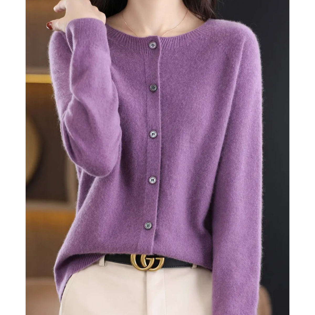 Women's long-sleeve round-neck button-front cardigan with ribbed trim