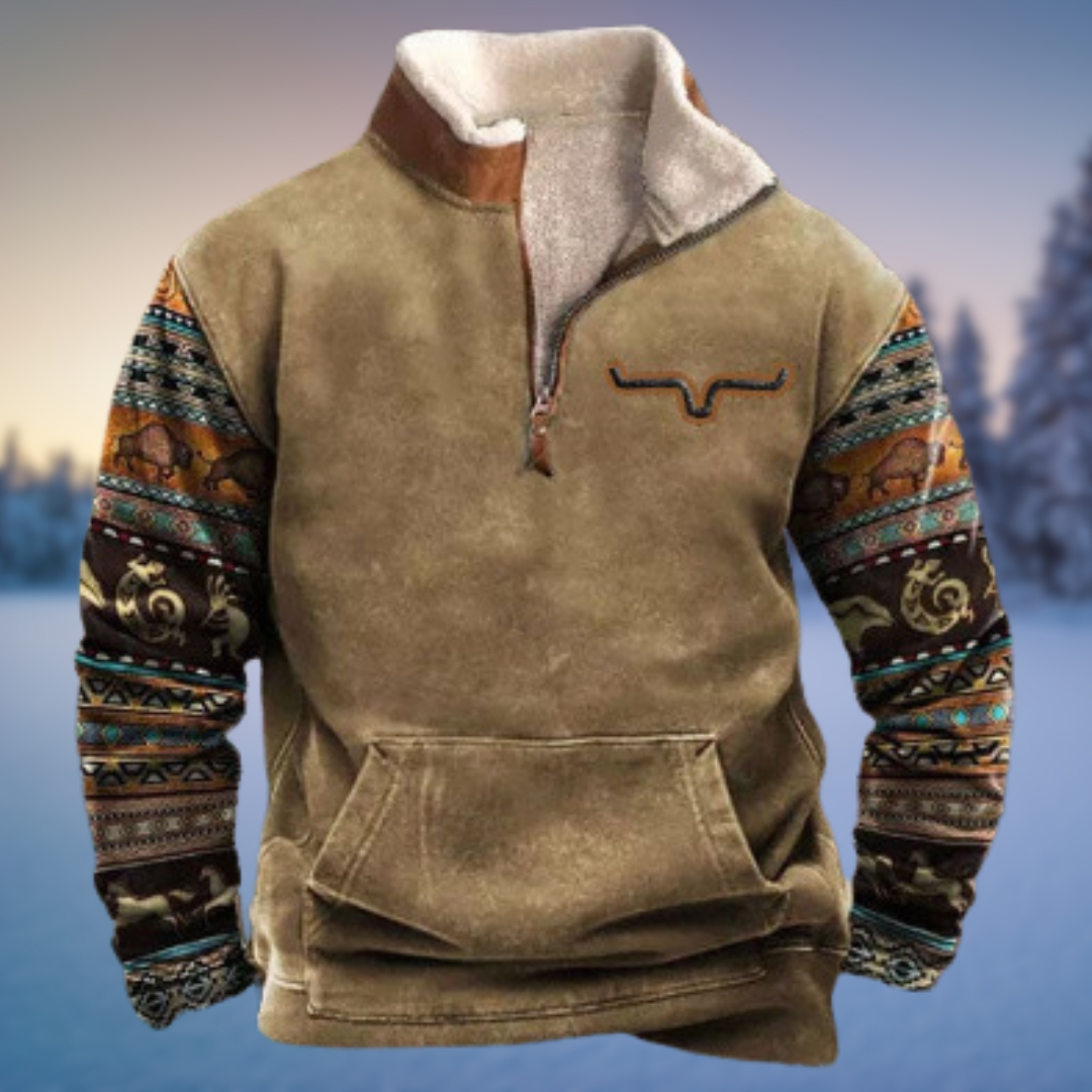 Men’s Western Geometric Print Quarter Zip Sherpa Collar Sweatshirt