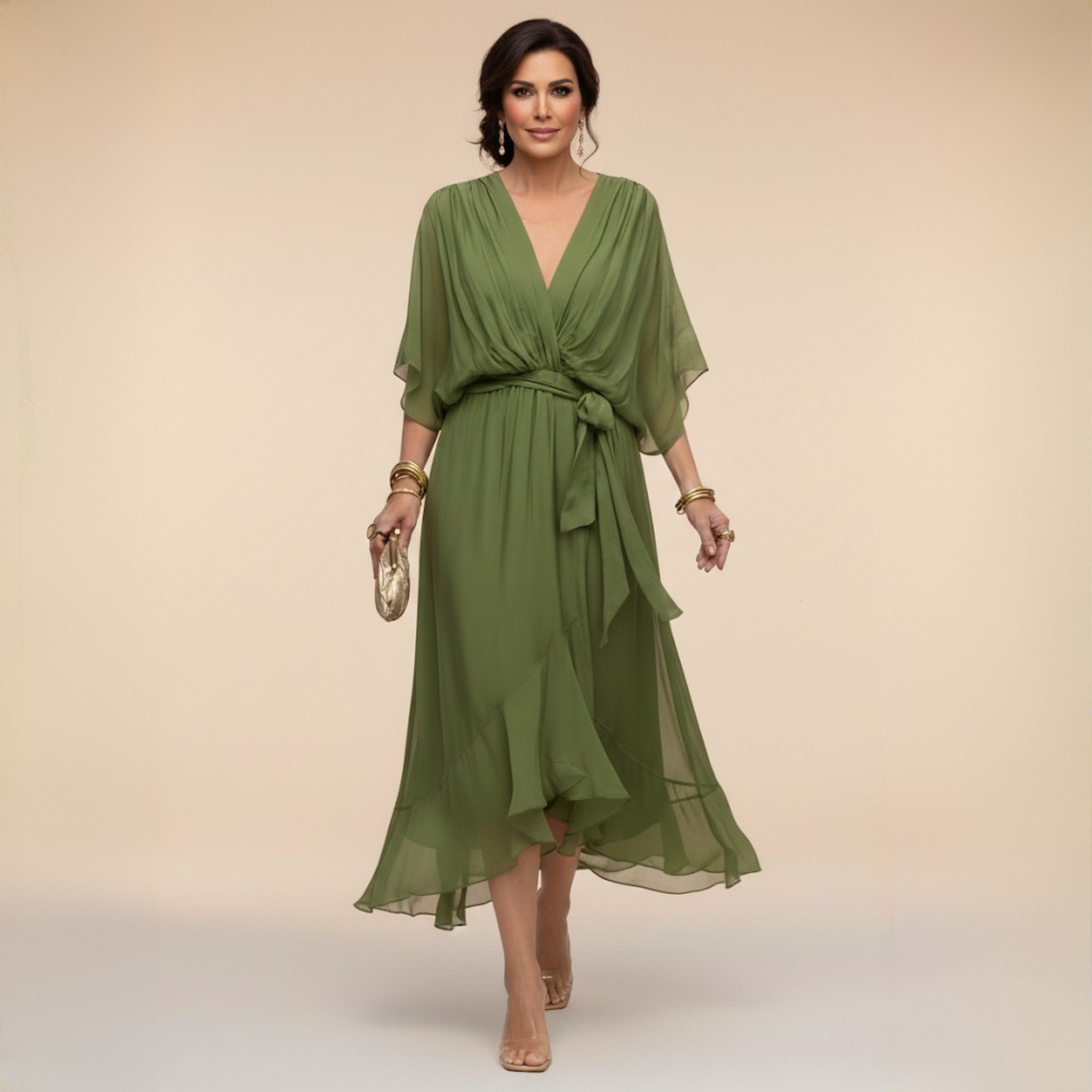 Wrap Front Kimono Sleeve Chiffon Midi Dress