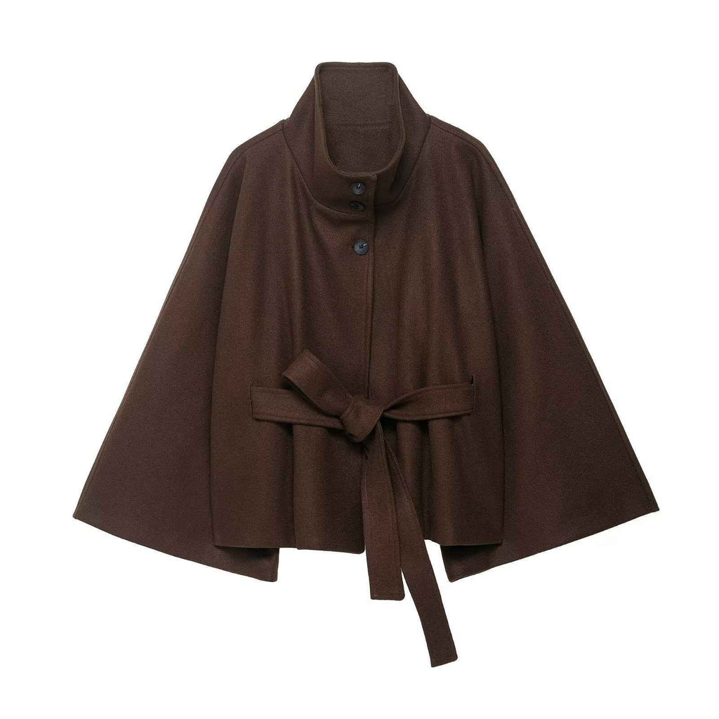 Women's brown belted cape coat with high stand collar and wide sleeves