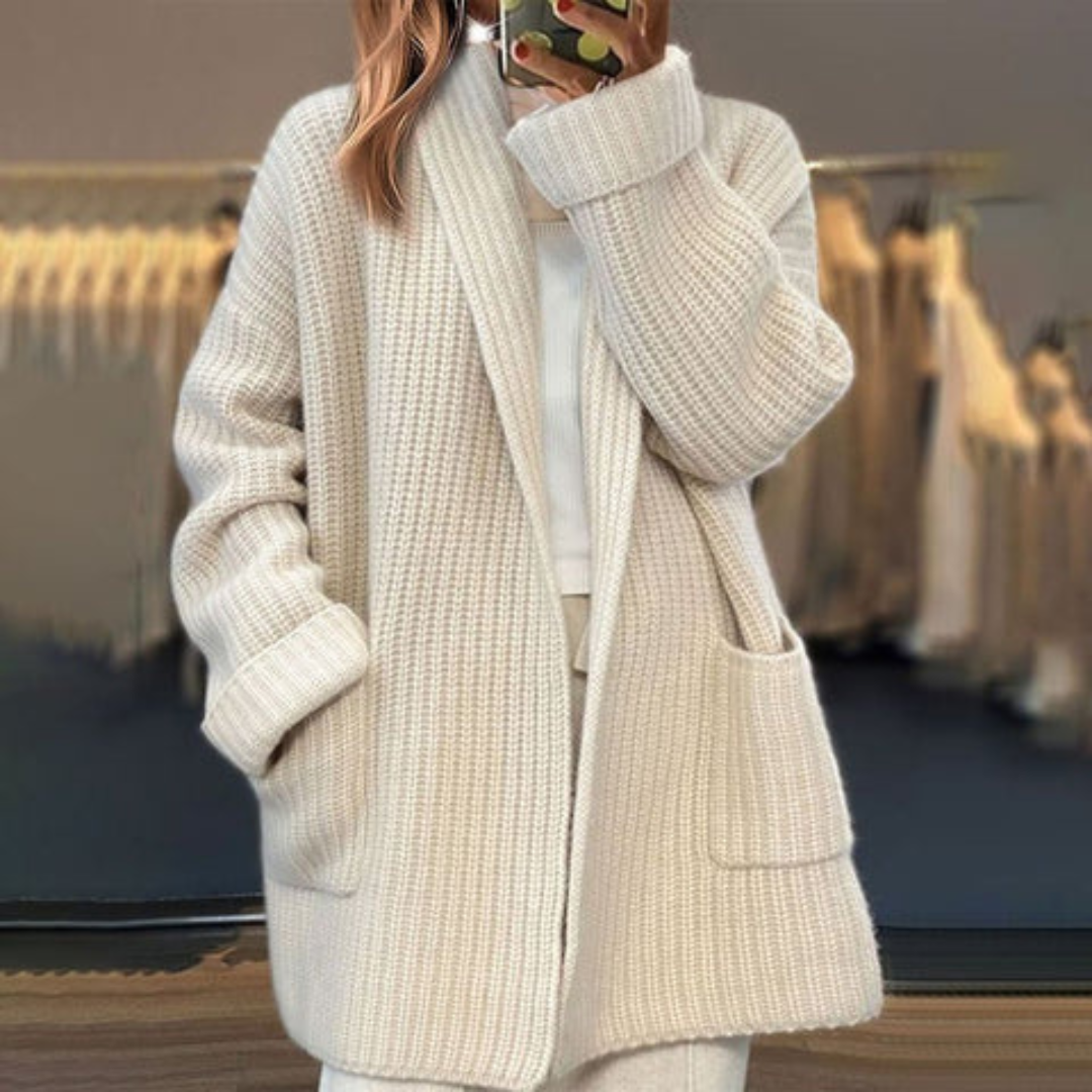 Women's chunky ribbed longline cardigan with shawl collar and front pockets