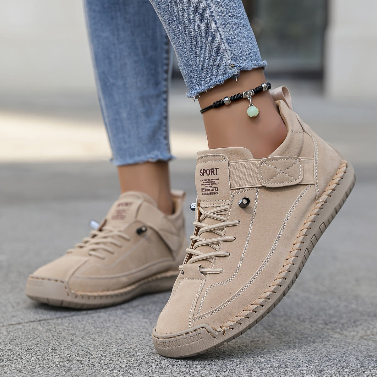 Women's stitched detail walking sneakers with elastic laces and hook-and-loop strap