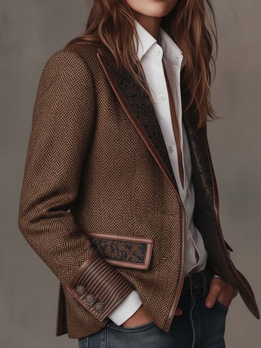 Women's Herringbone Blazer with Paisley Jacquard Lapels