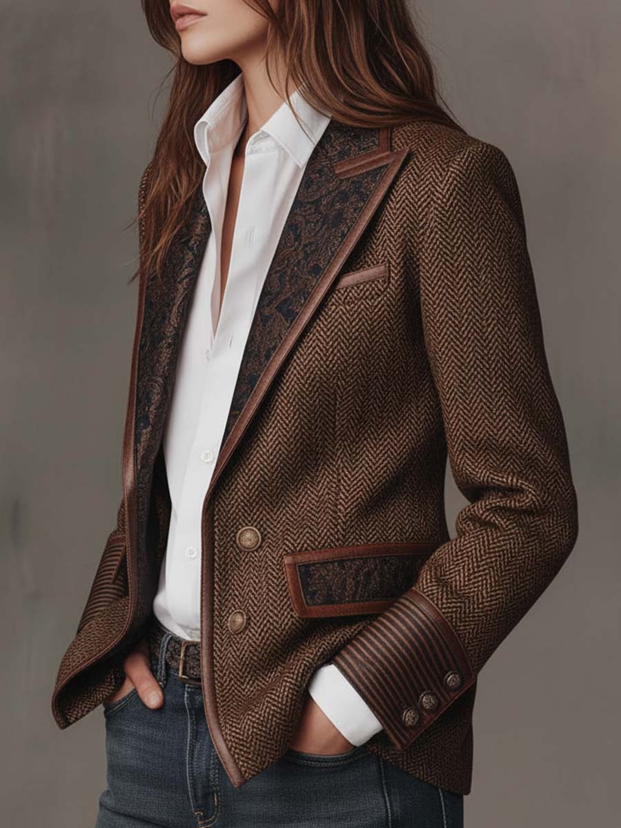 Women's Herringbone Blazer with Paisley Jacquard Lapels