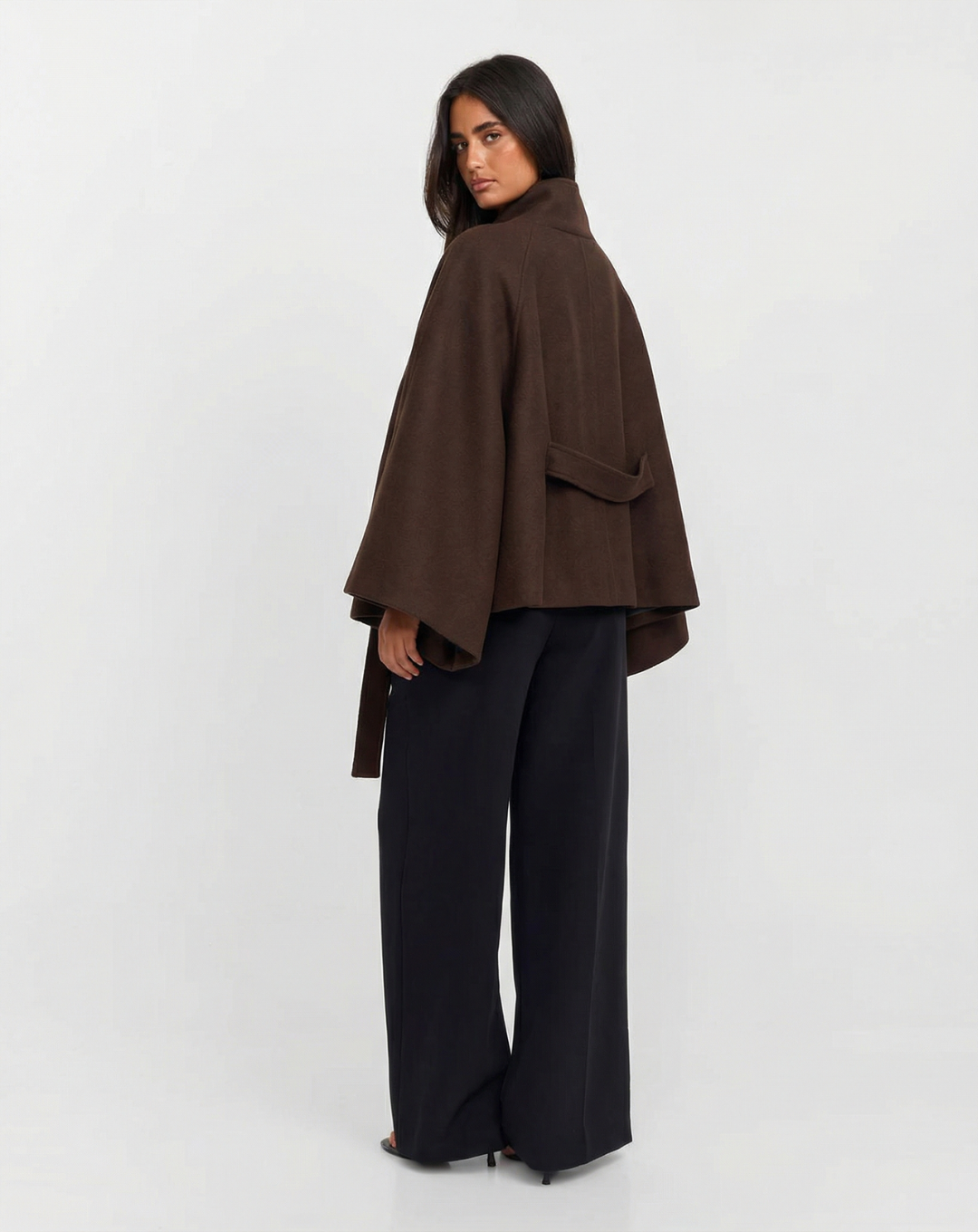 Women's brown belted cape coat with high stand collar and wide sleeves