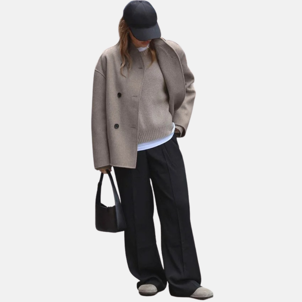 Manteau court femme à col montant et double boutonnage