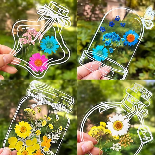Clear pressed flower bookmark sheet with white floral outline designs