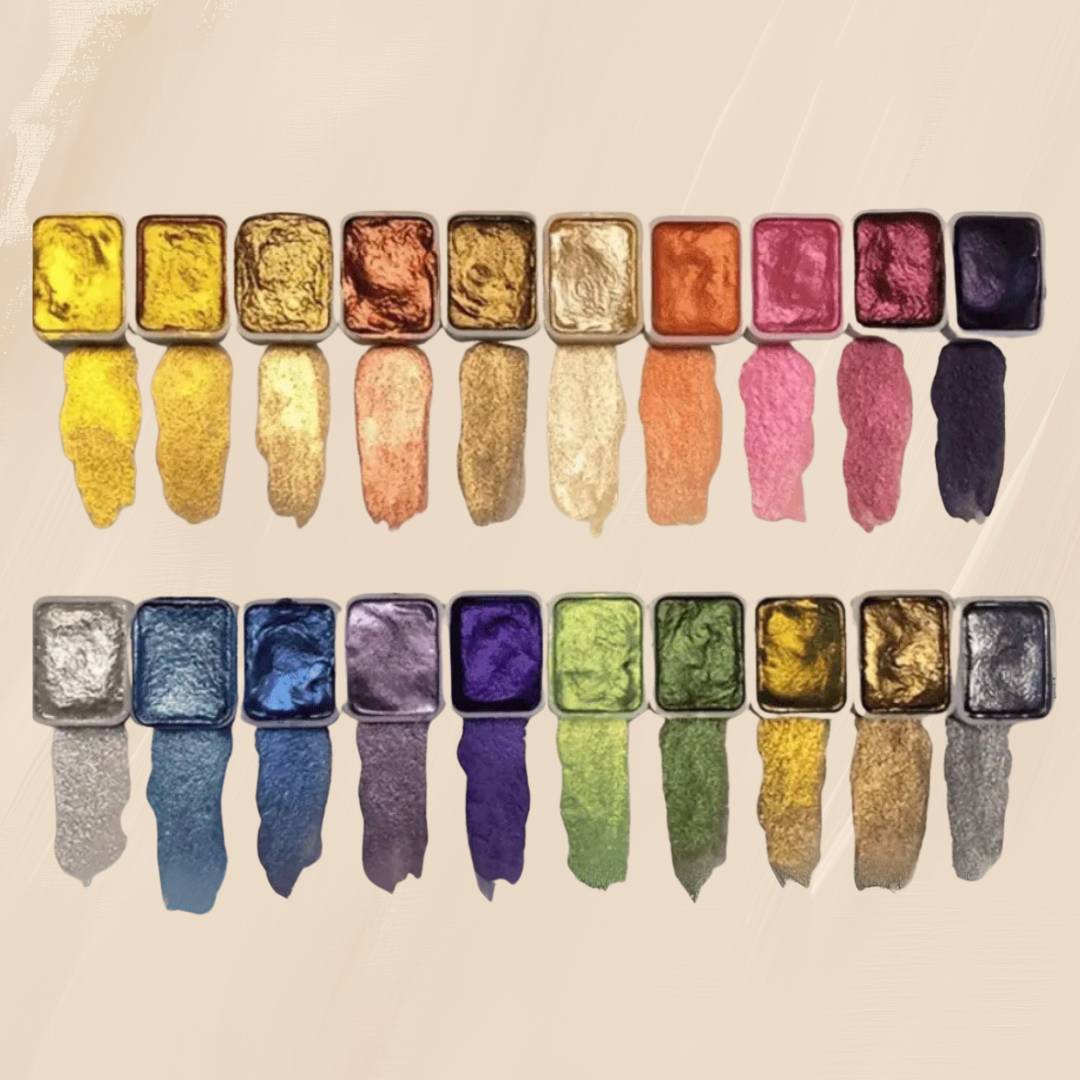 Rectangular 20-pan metallic watercolour palette with multicolour painted swatches