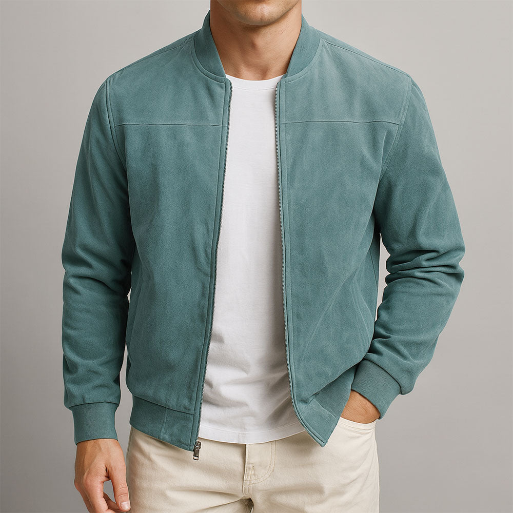 Men's solid bomber jacket with ribbed collar, zip front and angled pockets