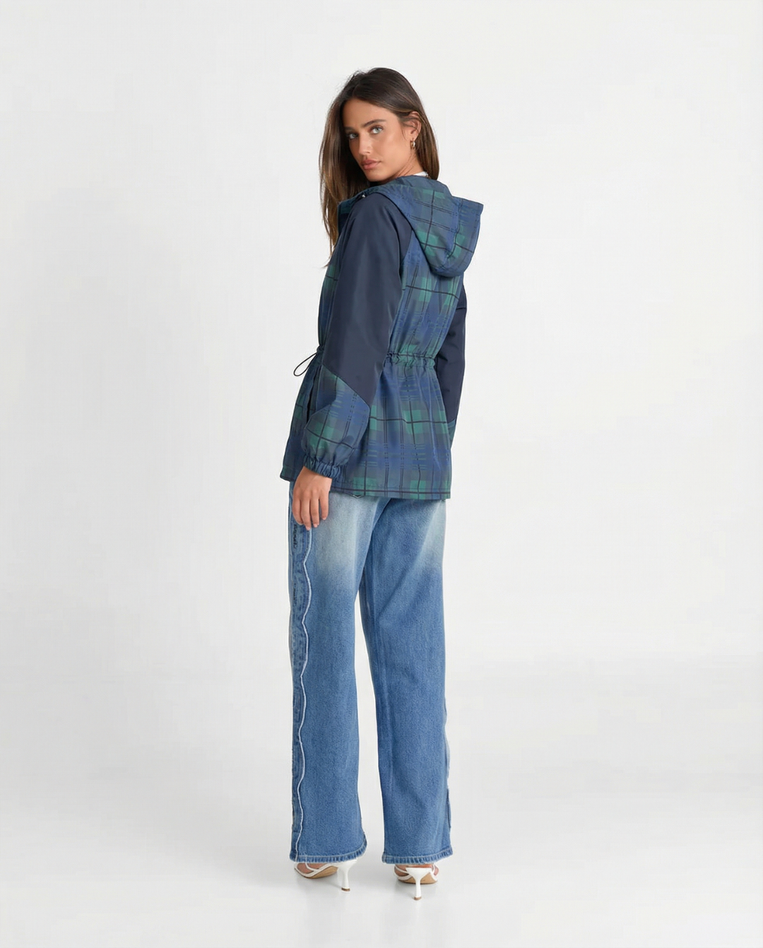 Women's navy checked hooded jacket with drawstring waist and long sleeves