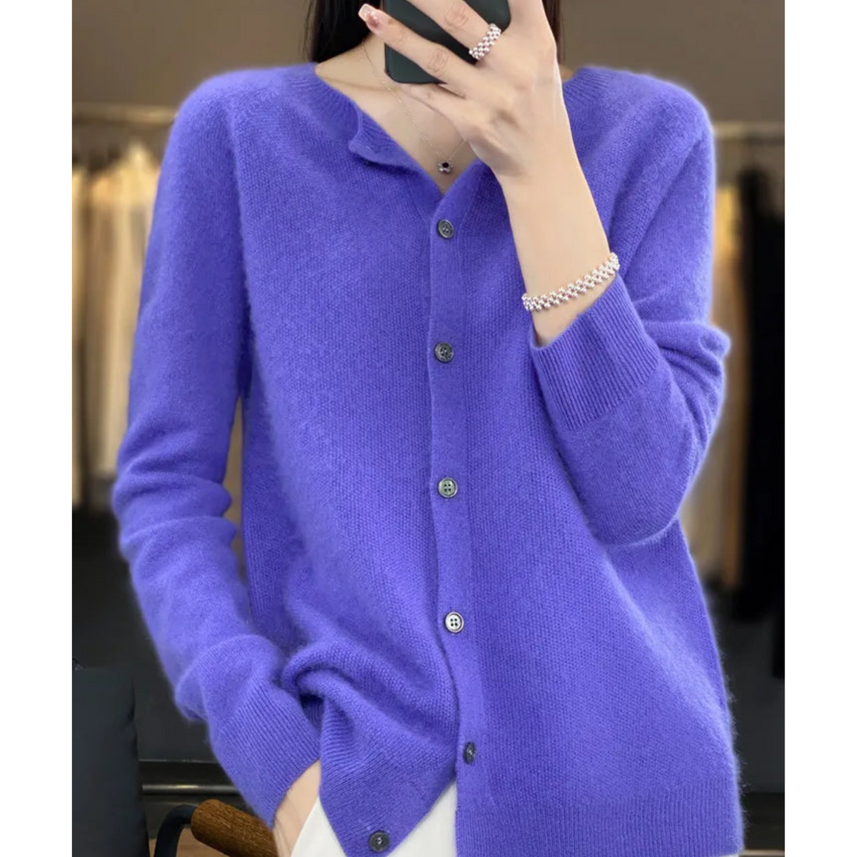 Women's long-sleeve round-neck button-front cardigan with ribbed trim