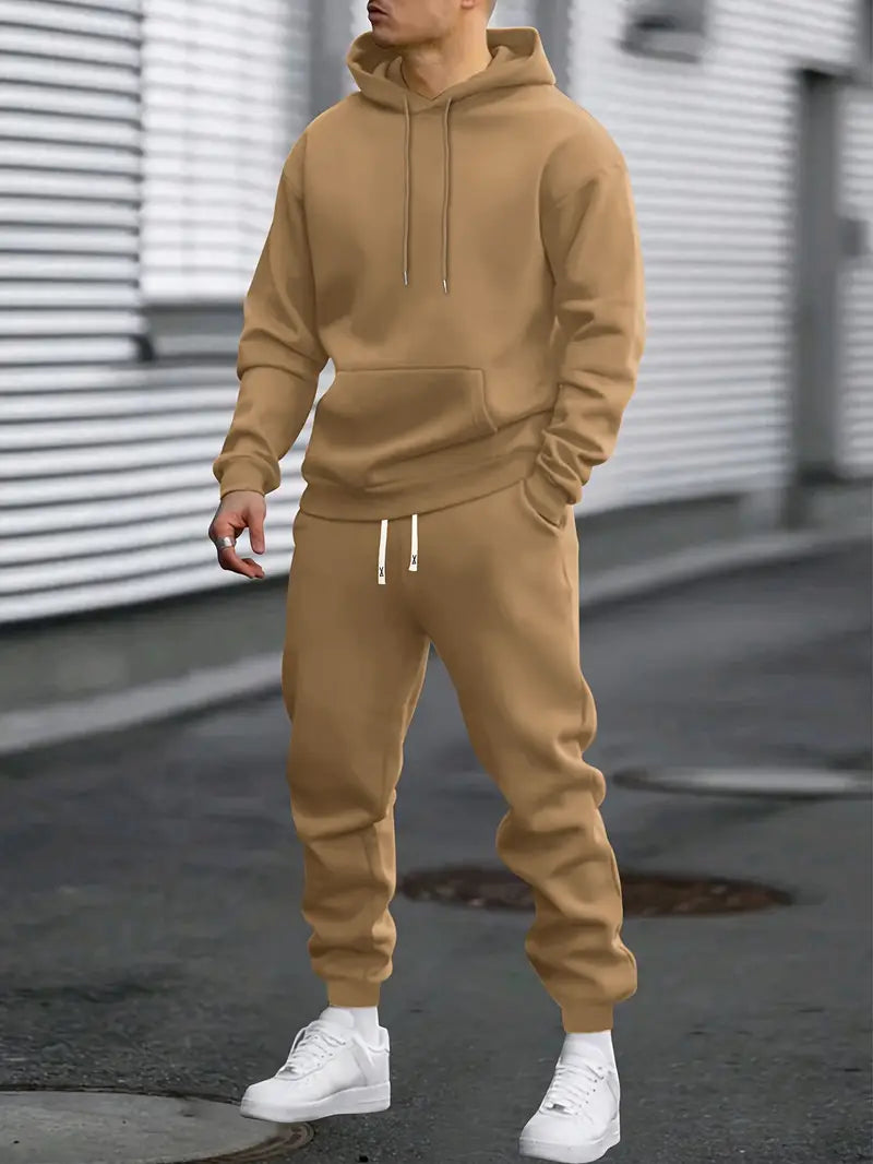 Men's hooded pullover and jogger tracksuit set with drawstring details