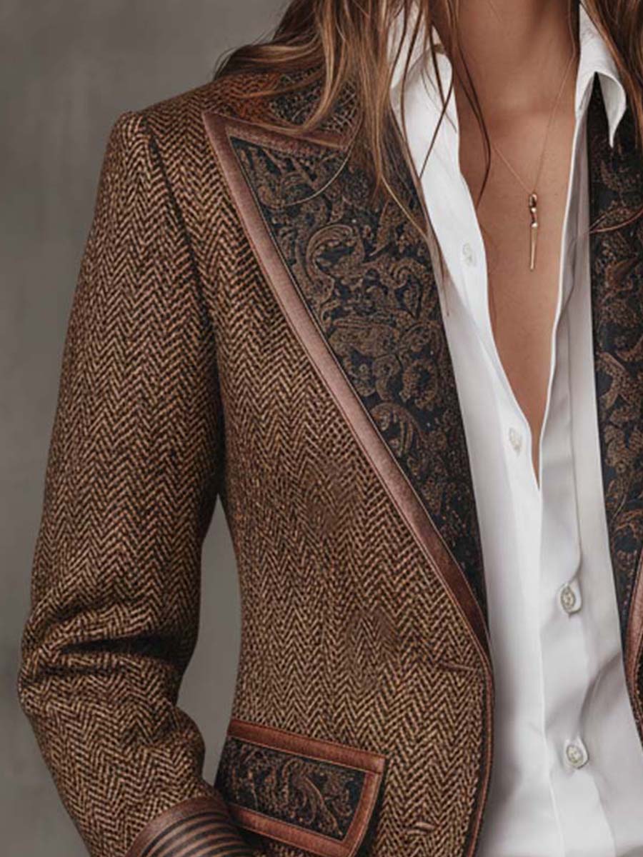 Women's Herringbone Blazer with Paisley Jacquard Lapels