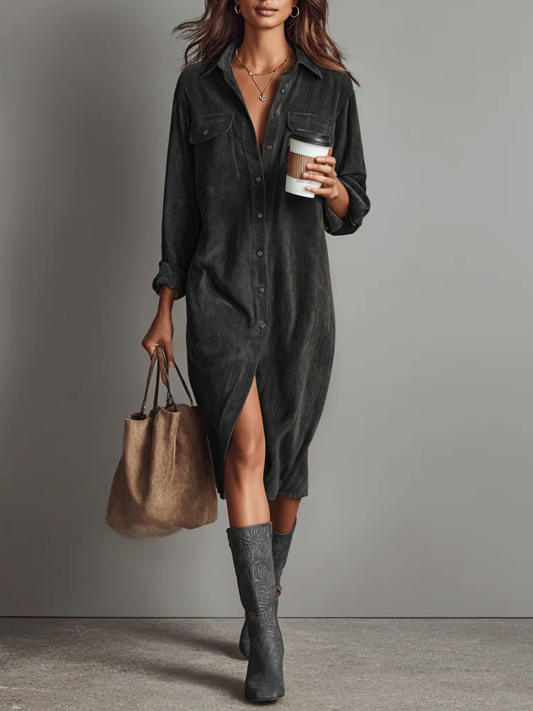 Women's long-sleeve corduroy shirt midi dress with chest pockets and button front