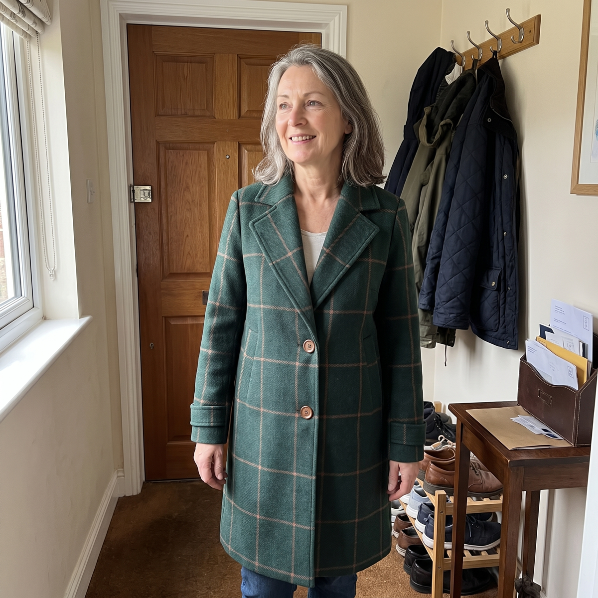 Manteau long ajusté pour femme à carreaux fenêtre