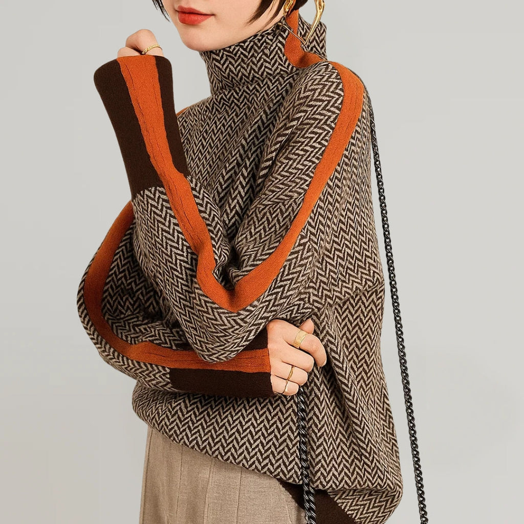 Women's chevron turtleneck sweater with long sleeves and contrast trims