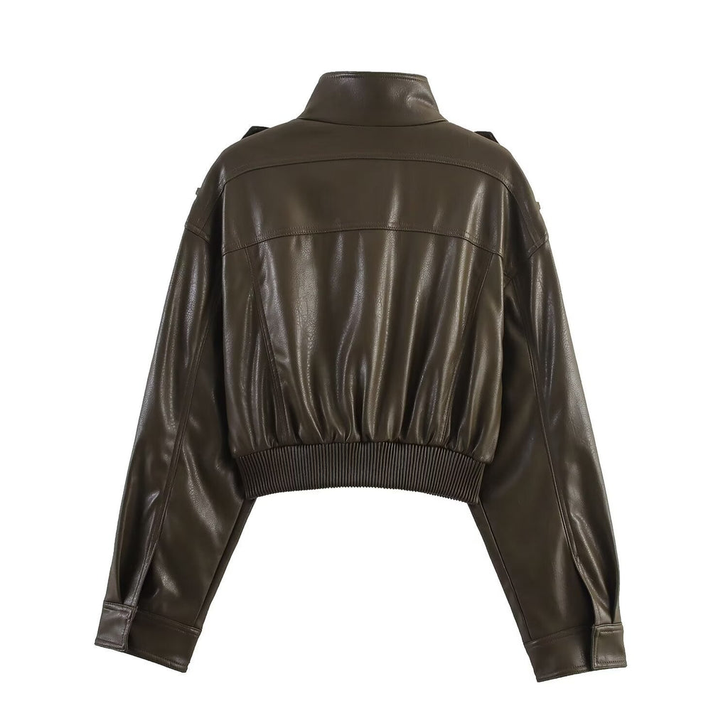 Women's cropped bomber jacket with stand collar, flap pockets and shoulder tabs