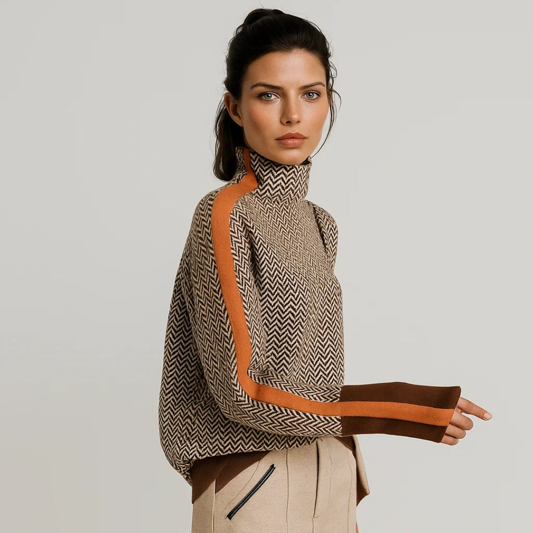 Women's herringbone mock neck pullover sweater with long sleeves and contrast trim