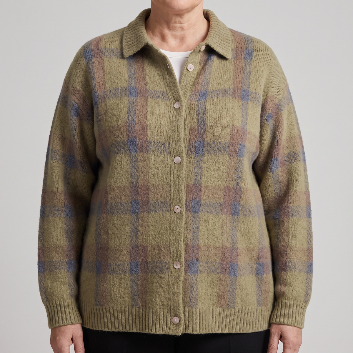 Gilet en maille à carreaux pour femme avec col et boutonnage sur le devant