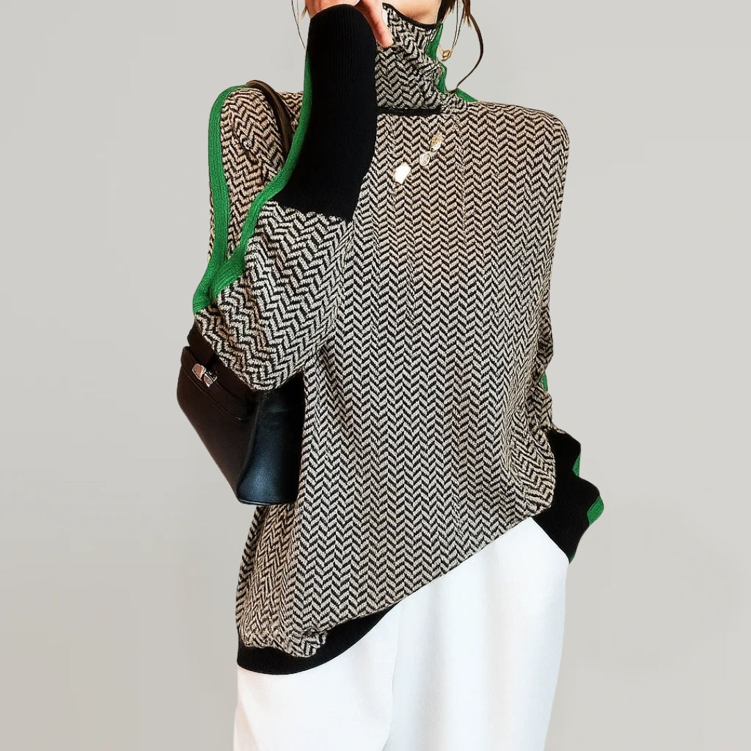 Women's chevron turtleneck sweater with long sleeves and contrast trims