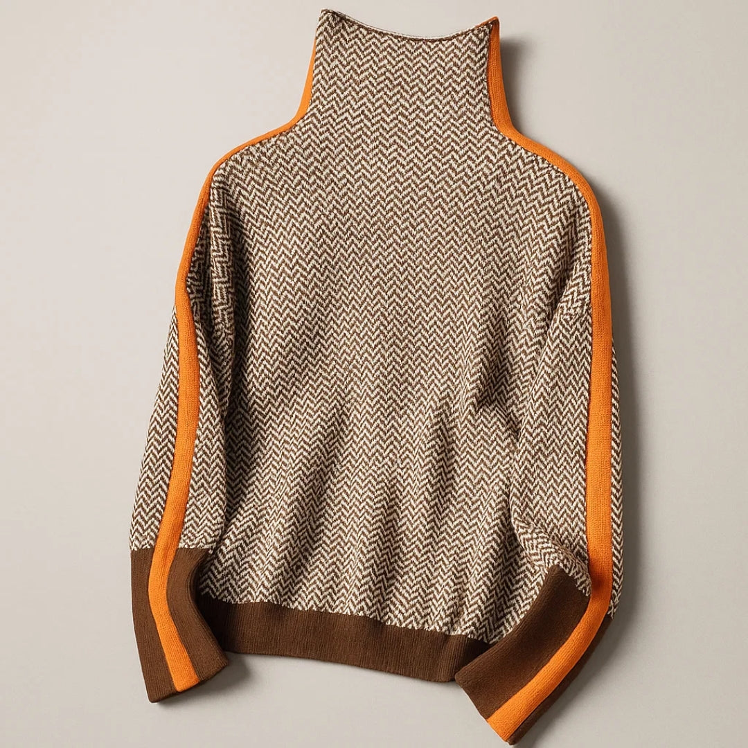 Women's chevron turtleneck sweater with long sleeves and contrast trims