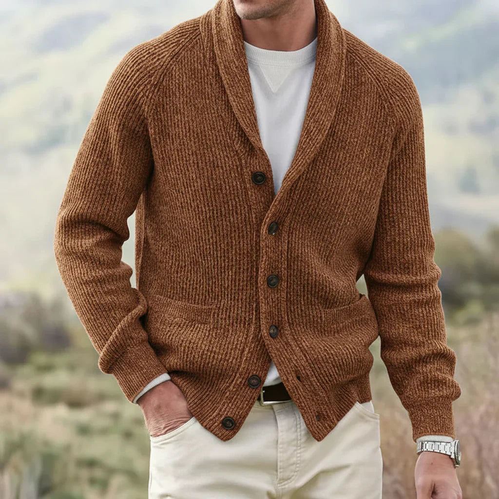 Men’s Shawl Collar Ribbed Knit Button Cardigan