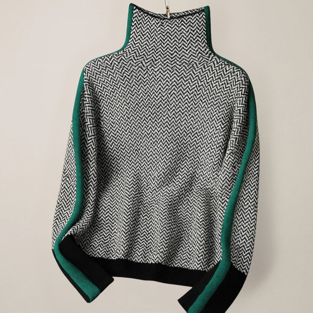 Women's chevron turtleneck sweater with long sleeves and contrast trims