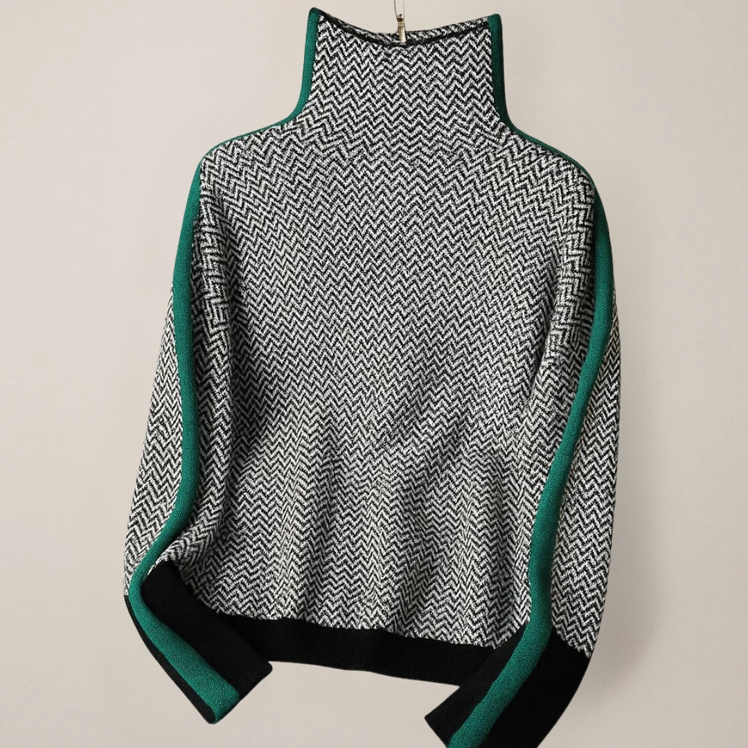Women's chevron turtleneck sweater with long sleeves and contrast trims