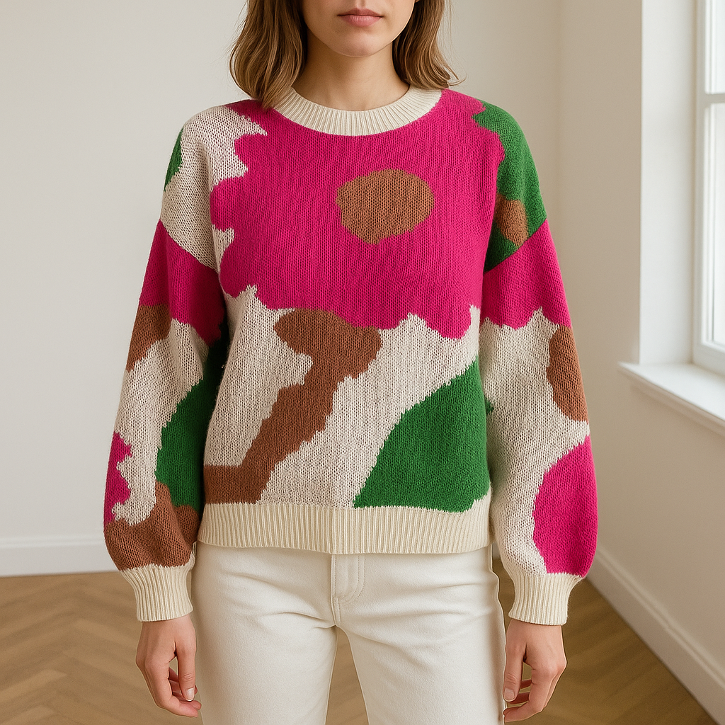 Women's abstract floral jacquard crew neck sweater with long sleeves