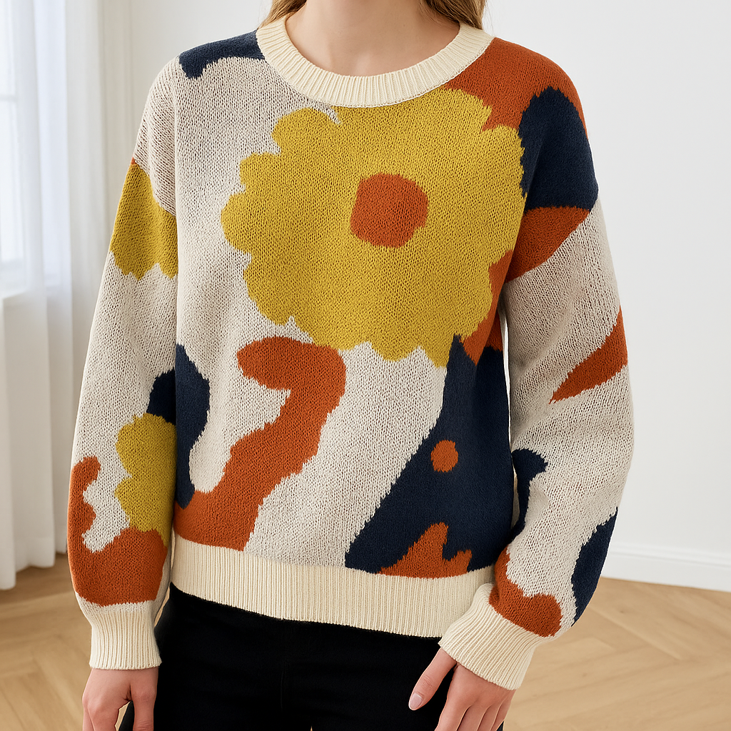 Women's abstract floral jacquard crew neck sweater with long sleeves