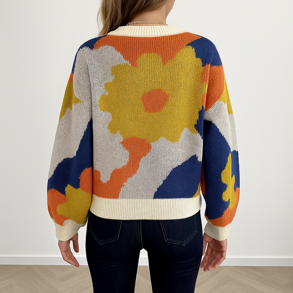 Women's abstract floral jacquard crew neck sweater with long sleeves