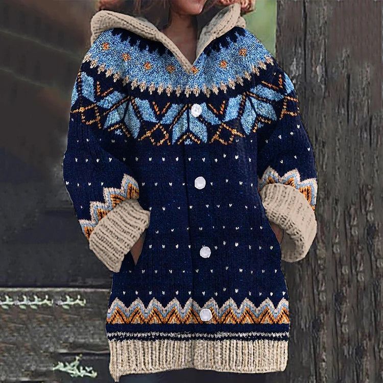 Women's hooded geometric knit cardigan with long sleeves and button front