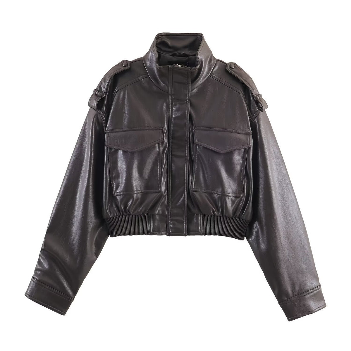 Women's cropped bomber jacket with stand collar, flap pockets and shoulder tabs