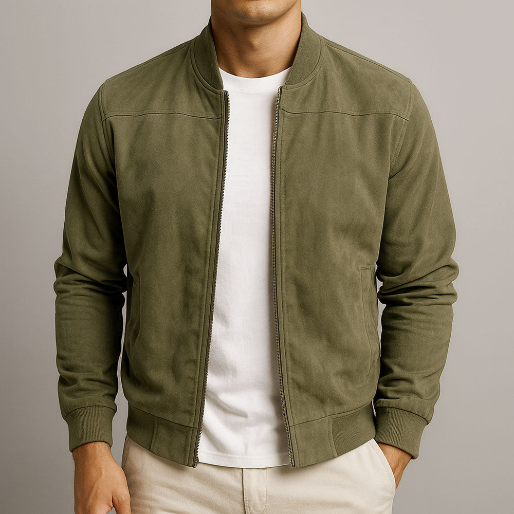 Men's solid bomber jacket with ribbed collar, zip front and angled pockets