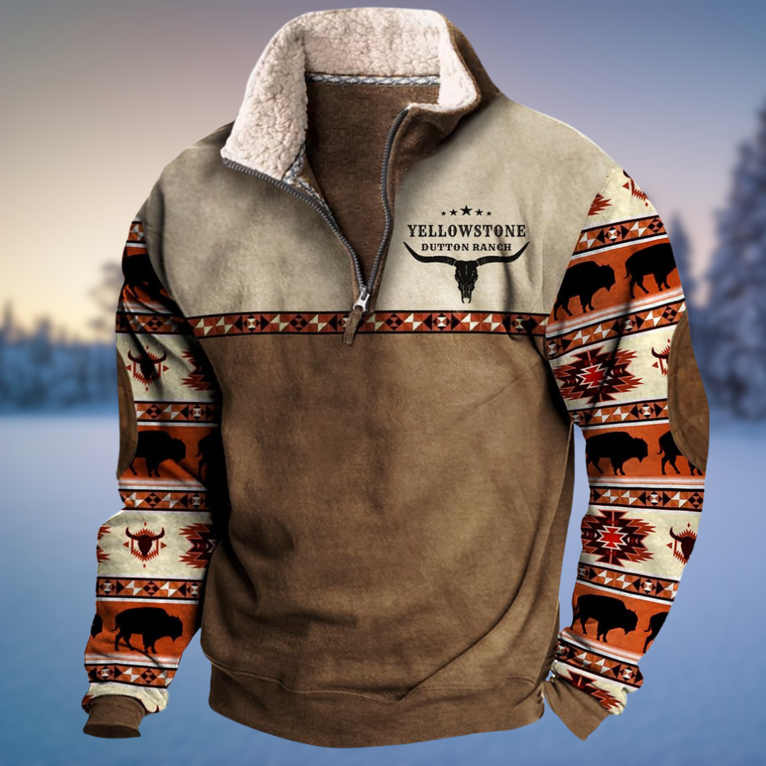 Men’s Western Geometric Print Quarter Zip Sherpa Collar Sweatshirt