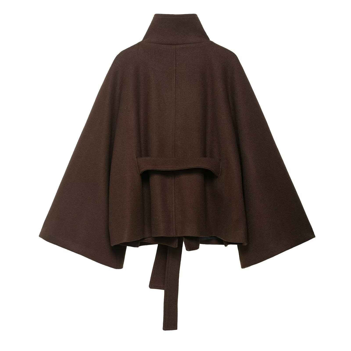 Women's brown belted cape coat with high stand collar and wide sleeves