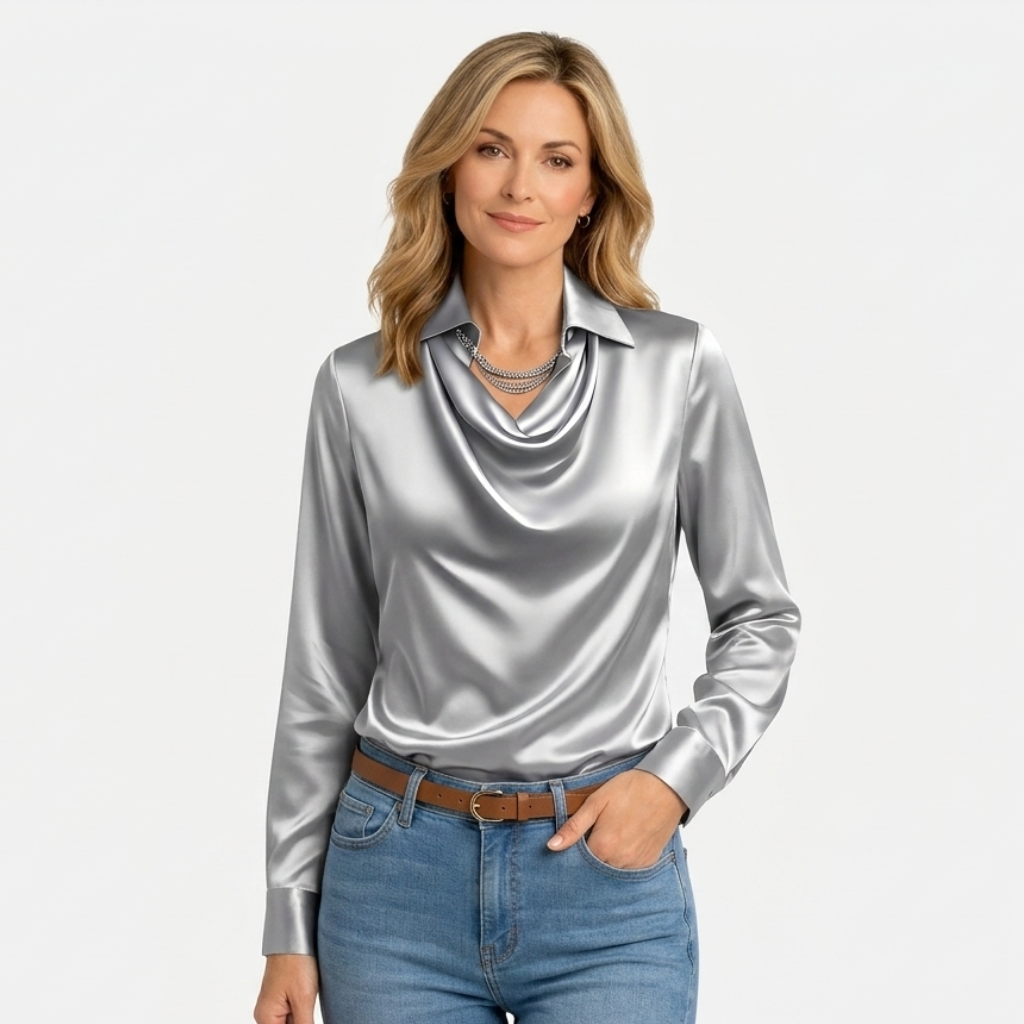Satin Cowl Neck Blouse – Collared Long Sleeve Fit