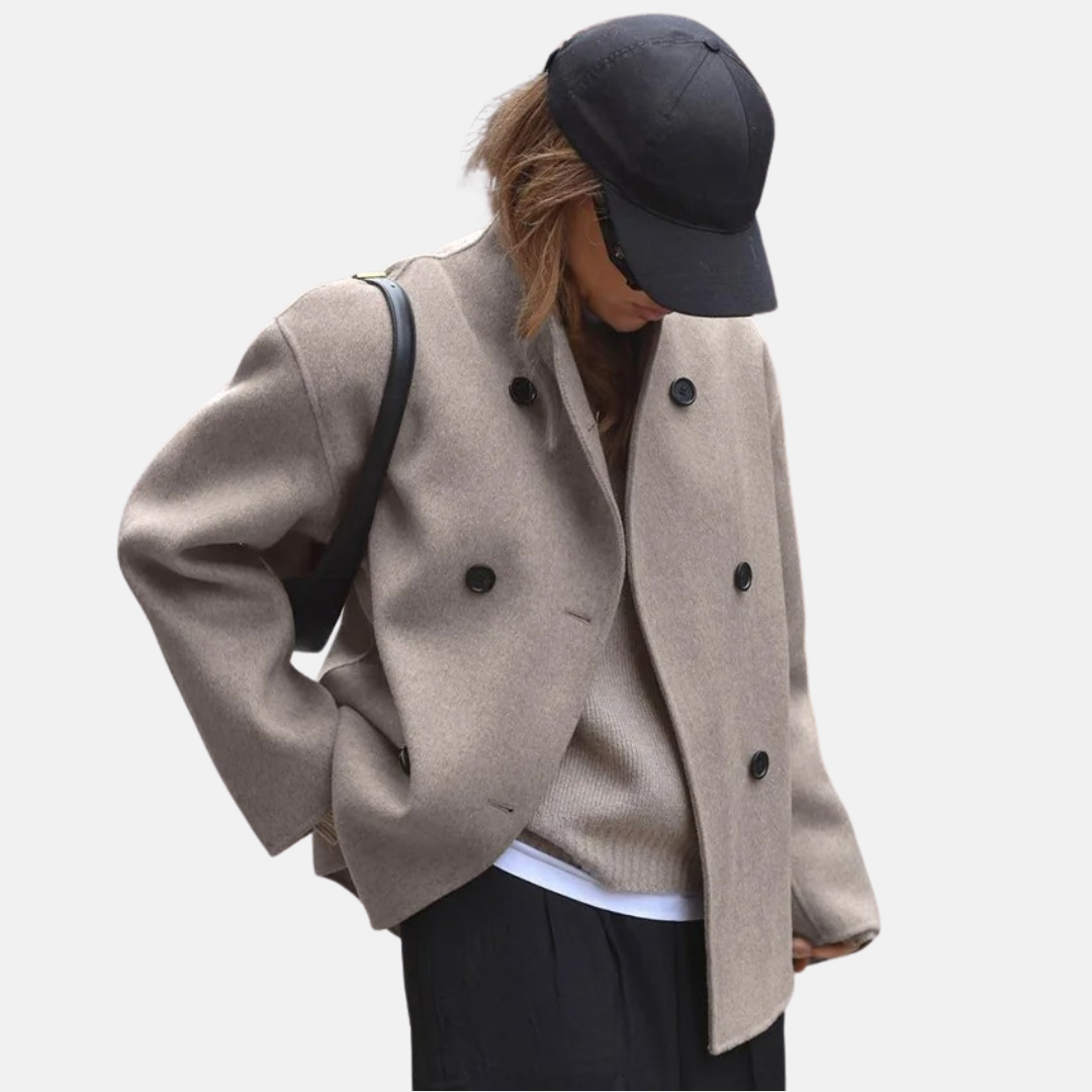 Manteau court femme à col montant et double boutonnage
