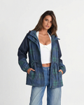 Women's navy checked hooded jacket with drawstring waist and long sleeves