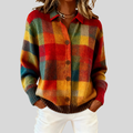 Women's multicolour plaid knit cardigan with collared neckline and button front