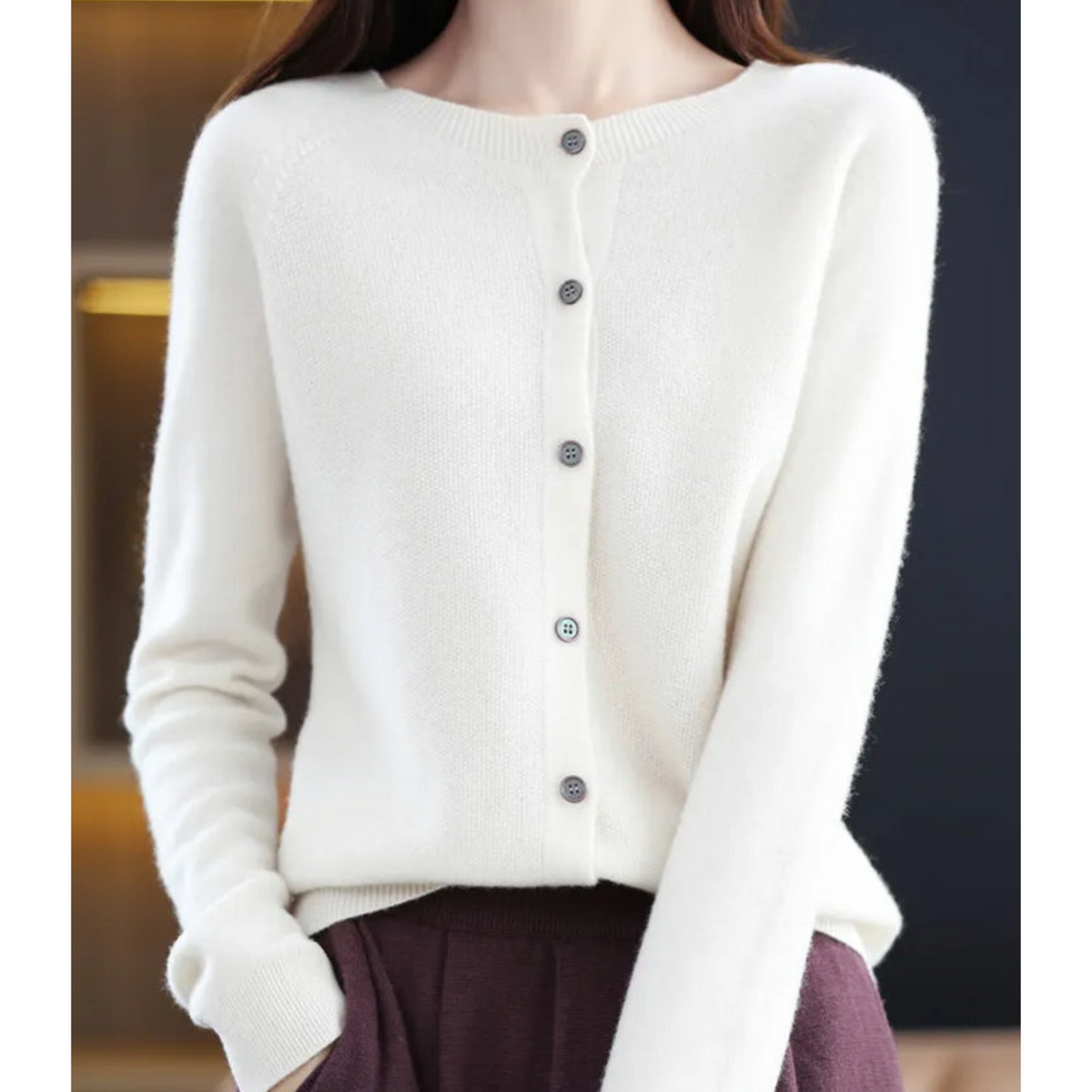 Women's long-sleeve round-neck button-front cardigan with ribbed trim