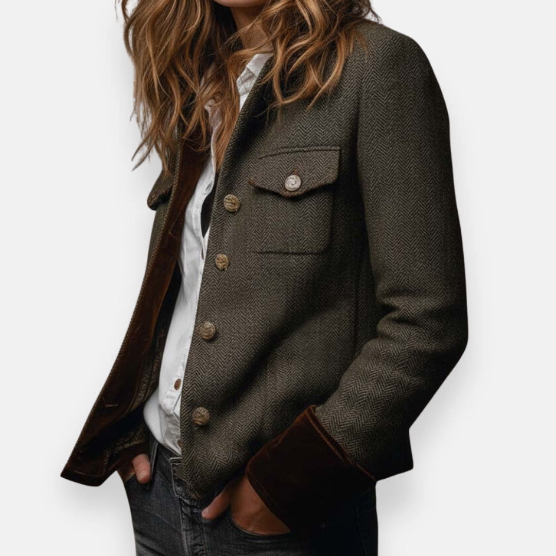 Women's Herringbone Button-Front Jacket with Contrast Cuffs