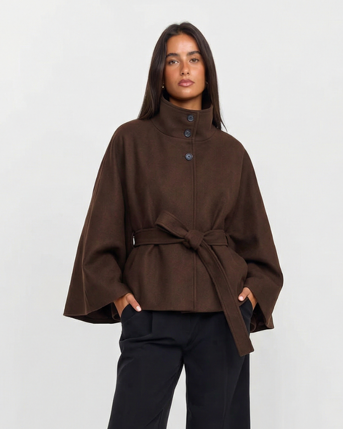 Women's brown belted cape coat with high stand collar and wide sleeves