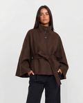 Women's brown belted cape coat with high stand collar and wide sleeves