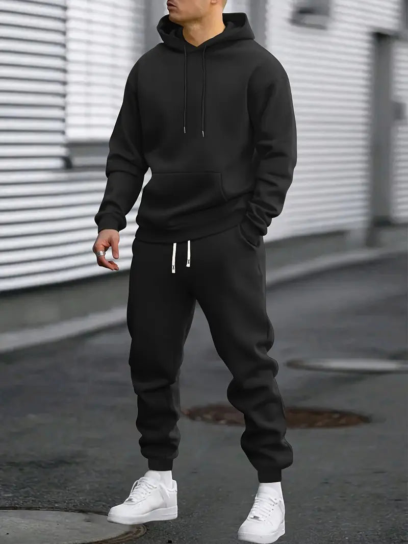 Men's hooded pullover and jogger tracksuit set with drawstring details
