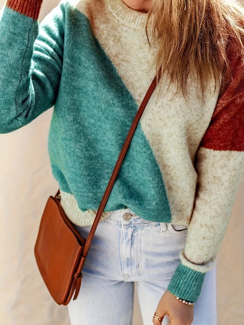 Women's geometric colour block crew neck sweater with long sleeves
