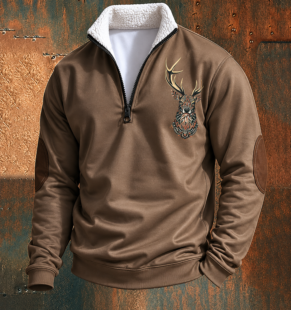Men's quarter-zip pullover with mock neck, deer chest motif and contrasting elbow patches
