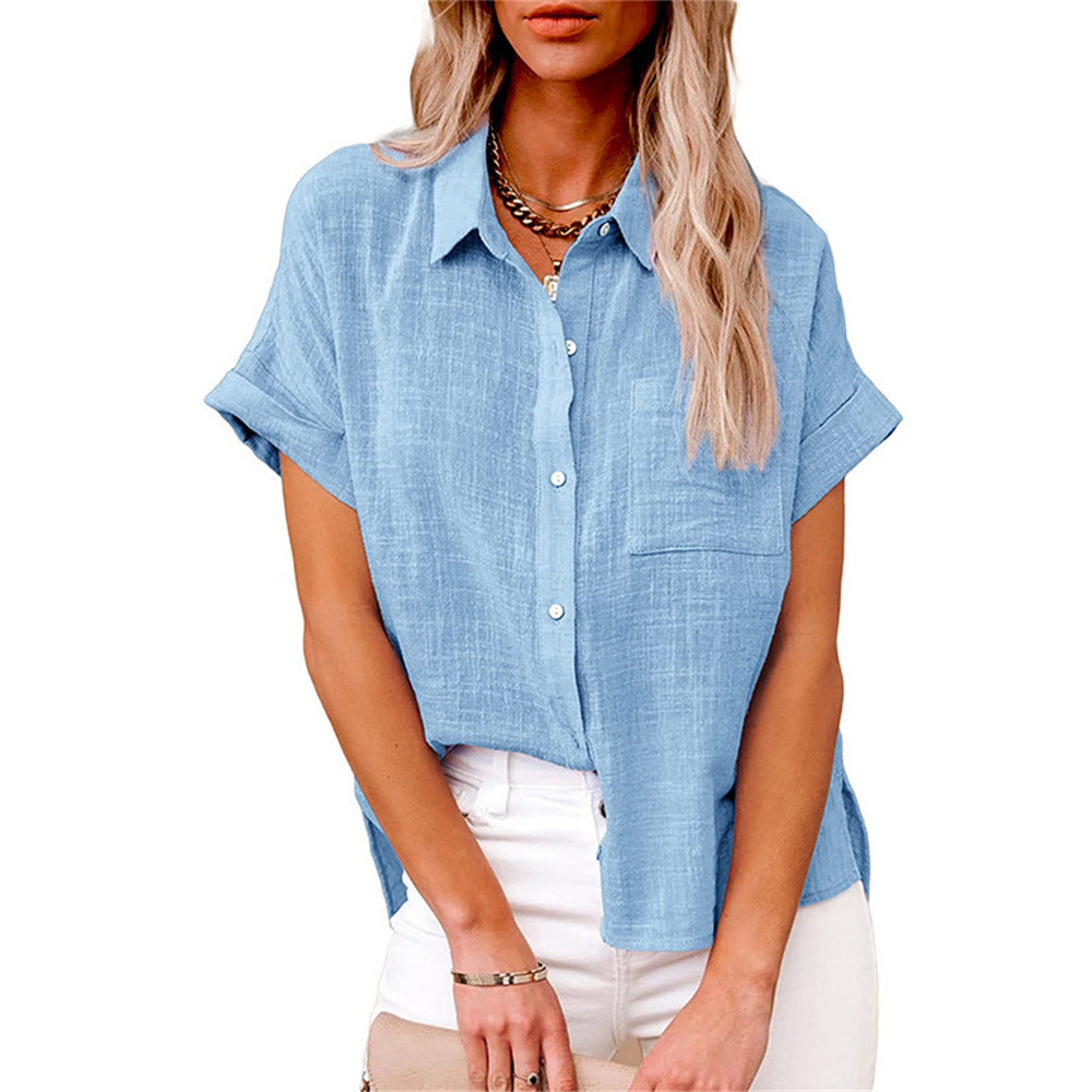 Linen Blend Collared Button-Up Shirt with Chest Pocket